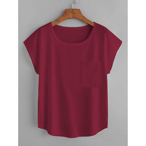 

Solid Pocket Front Batwing Sleeve Tee, Burgundy