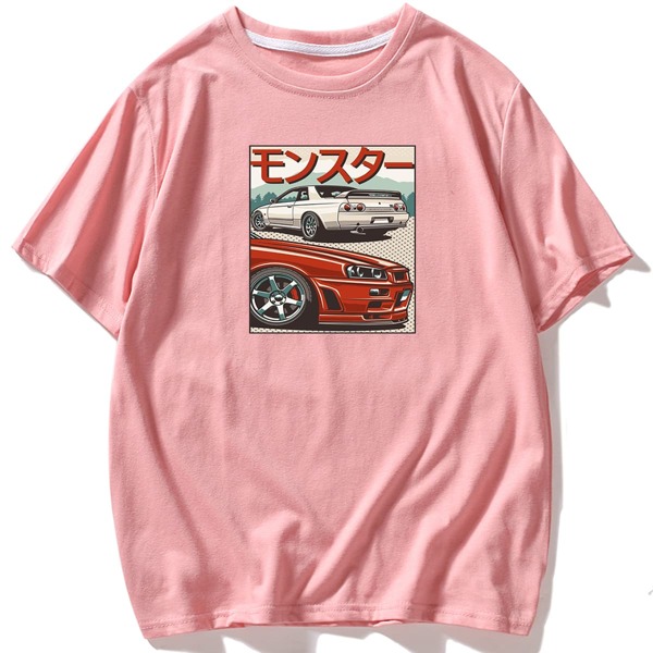 

Men Japanese Letter And Car Print Tee, Baby pink