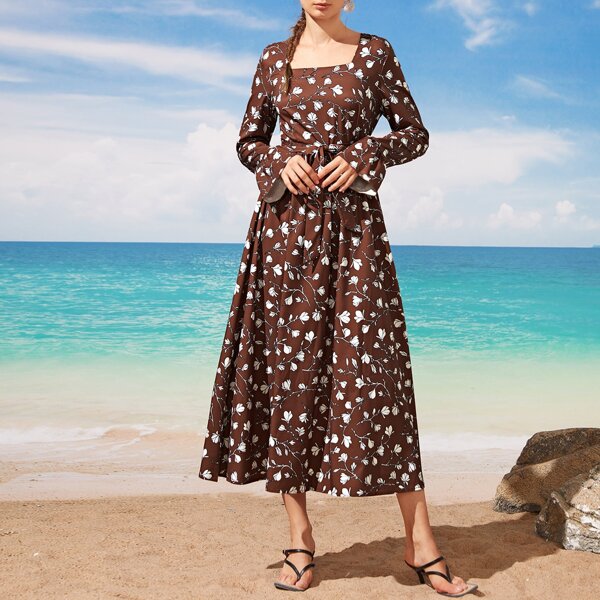 

Allover Floral Square Neck Belted Dress, Chocolate brown