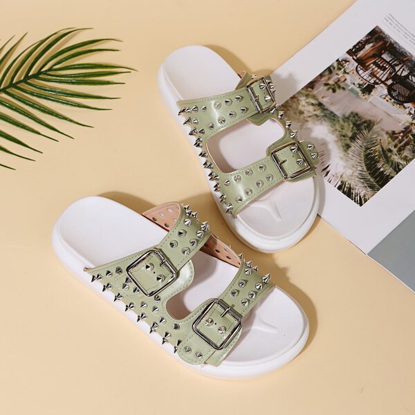 

Studded & Buckle Decor Flatform Mules, Green