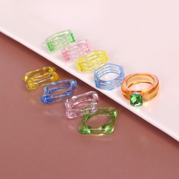 

9pcs Clear Ring, Multicolor