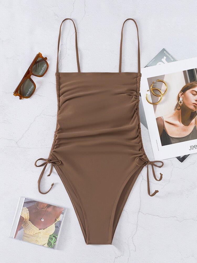 Summer Beach Drawstring Side One-Piece Swimsuit Bathing Suit
