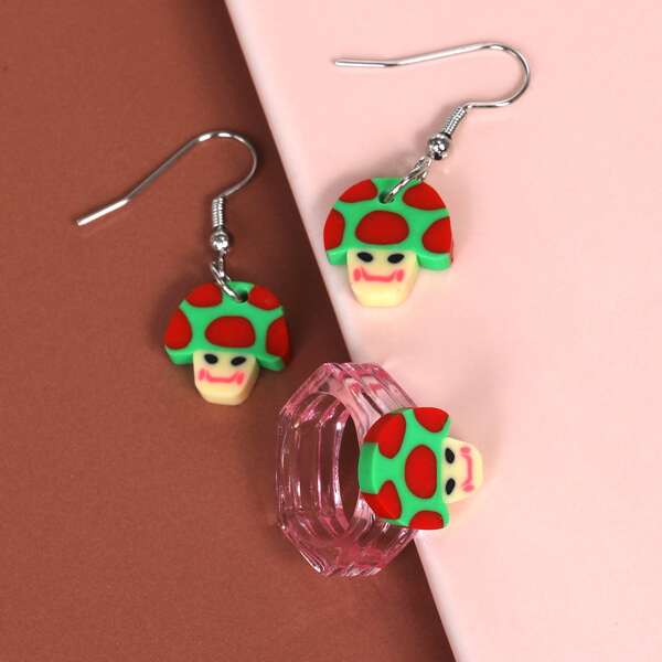 

1pair Cartoon Drop Earrings & 1pc Ring, Multicolor