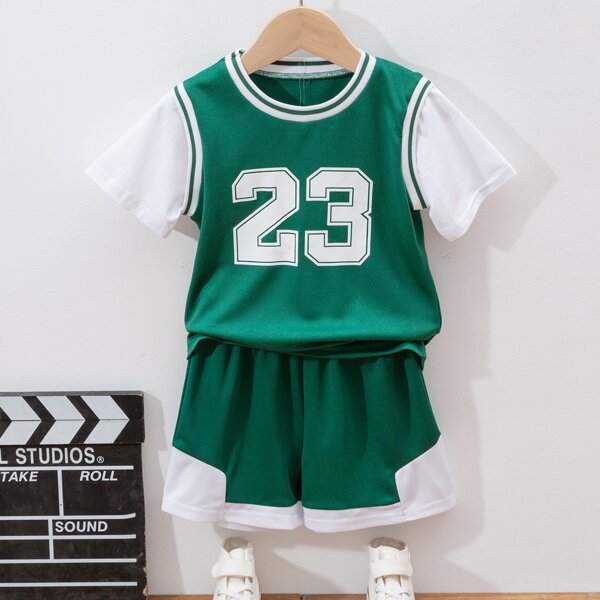 

Toddler Boys Number Print Tee With Track Shorts, Green