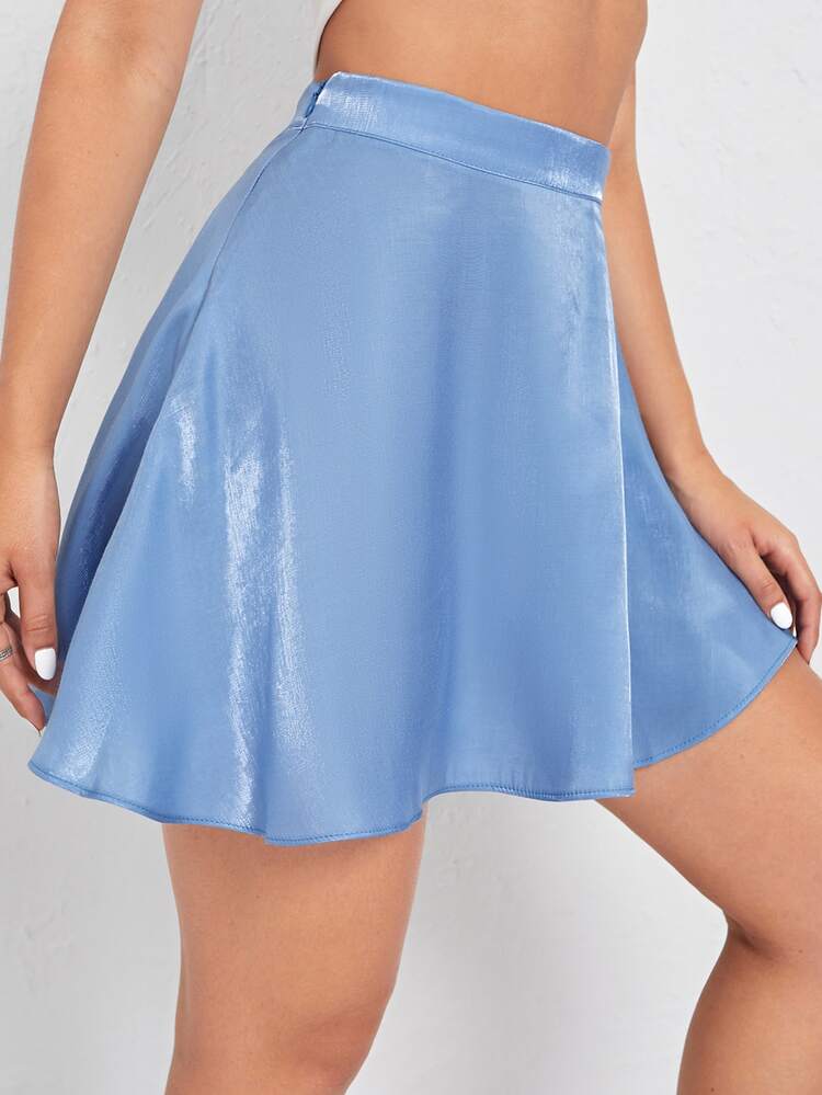 SHEIN Solid Satin Skater Skirt - Dusty Blue - View 5