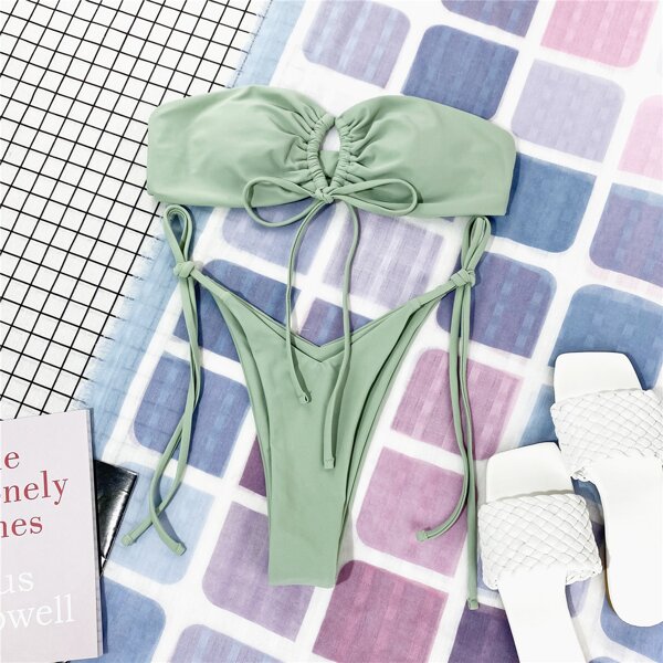 

Self Tie Bandeau High Cut Bikini Swimsuit, Olive green