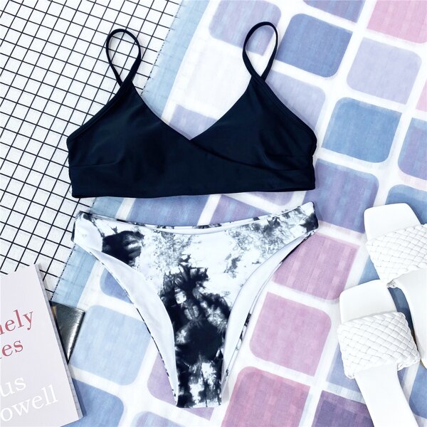 

Tie Dye Surplice Neck Bikini Swimsuit, Black and white