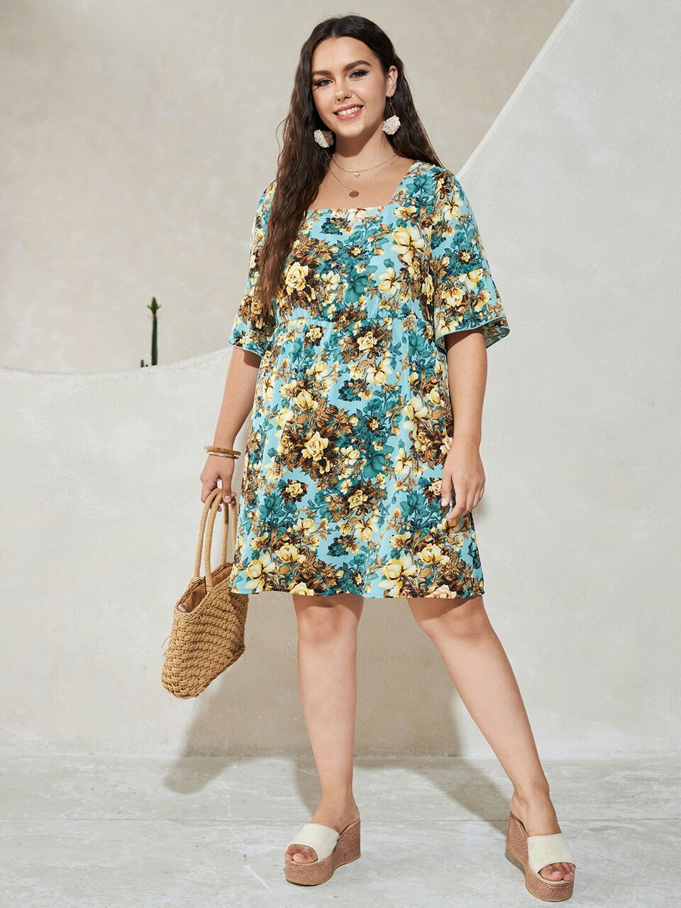 Plus Allover Floral Flounce Sleeve Smock Dress