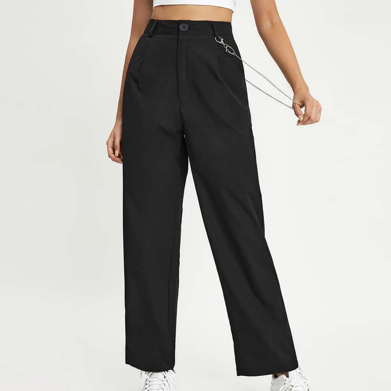 

Solid Chain Button Fly Pants, Black