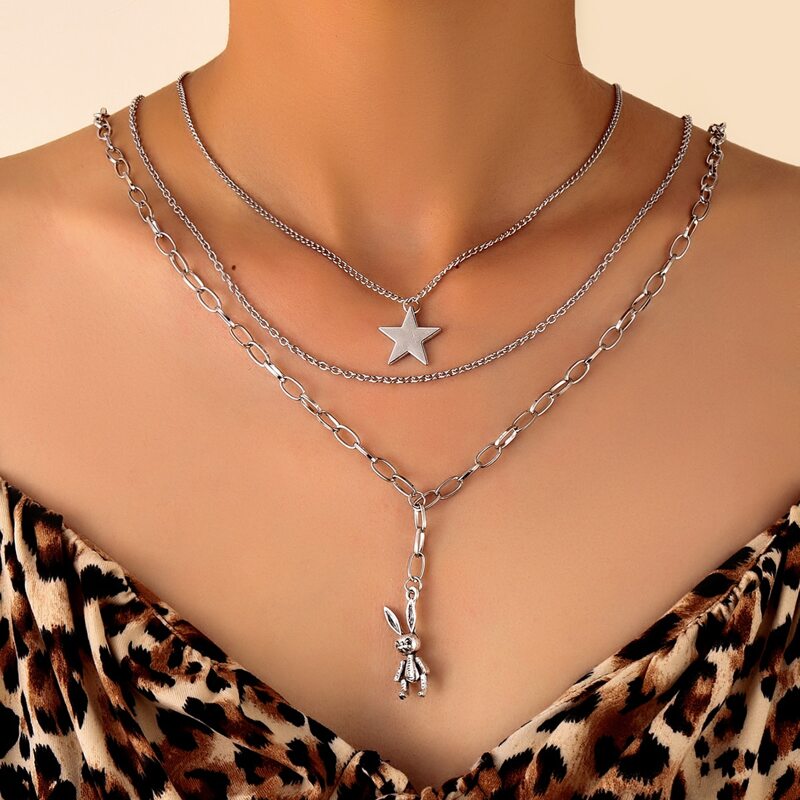 

3pcs Star & Rabbit Charm Necklace, White