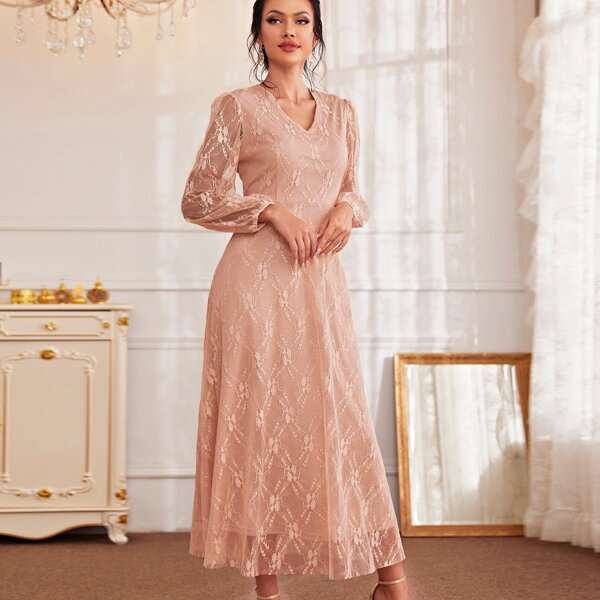 

Lace Overlay Bishop Sleeve A-line Dress, Baby pink