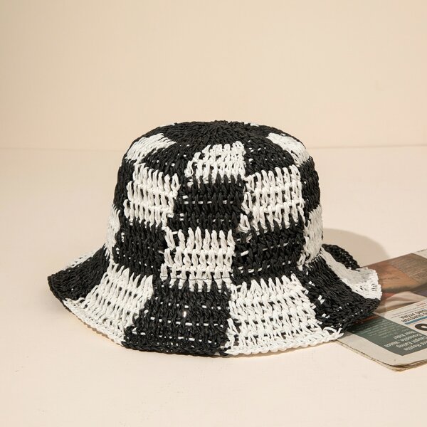 

Checkered Pattern Straw Hat, Black and white