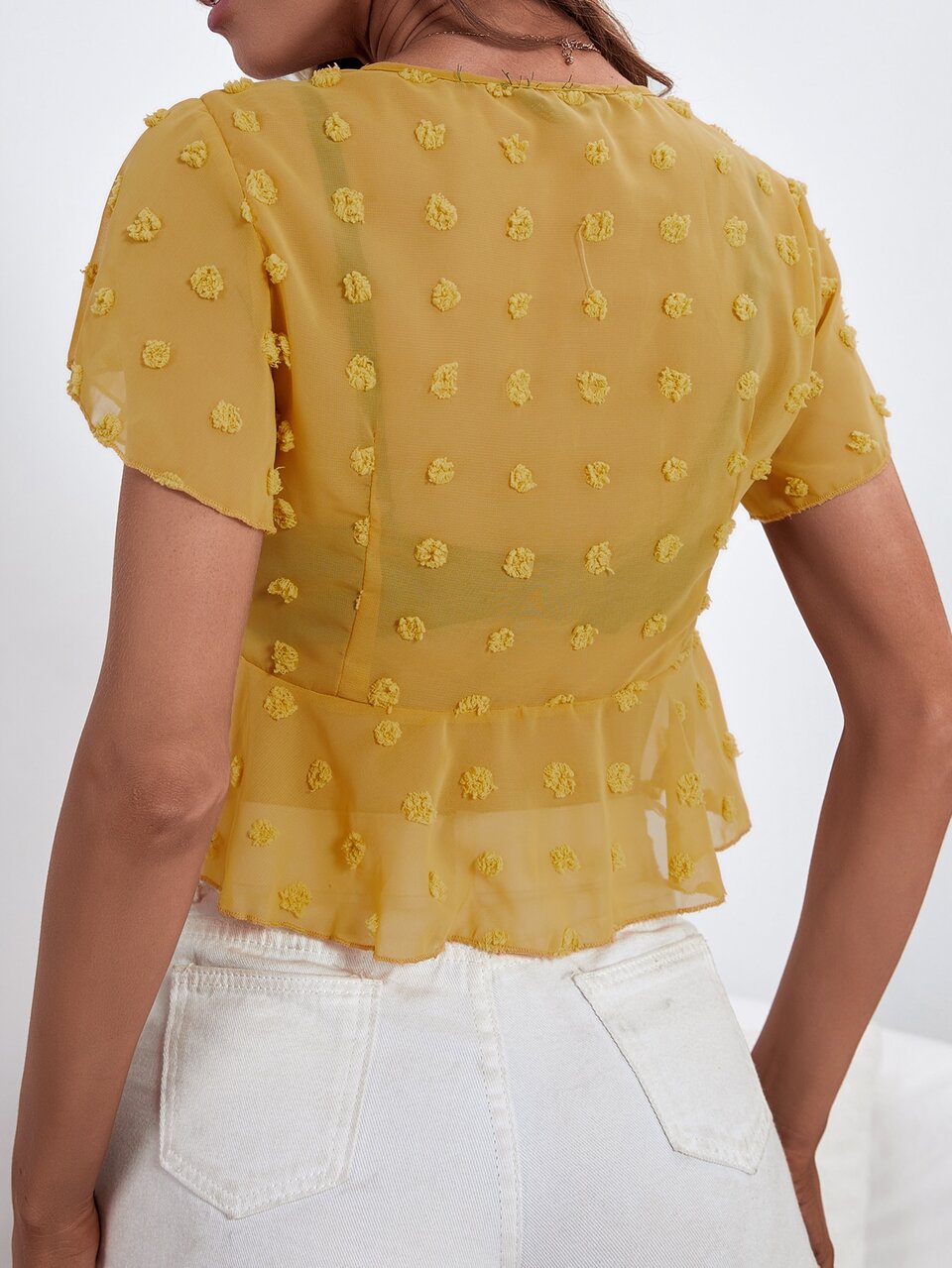 Swiss Dot Ruffle Trim Knot Front Top