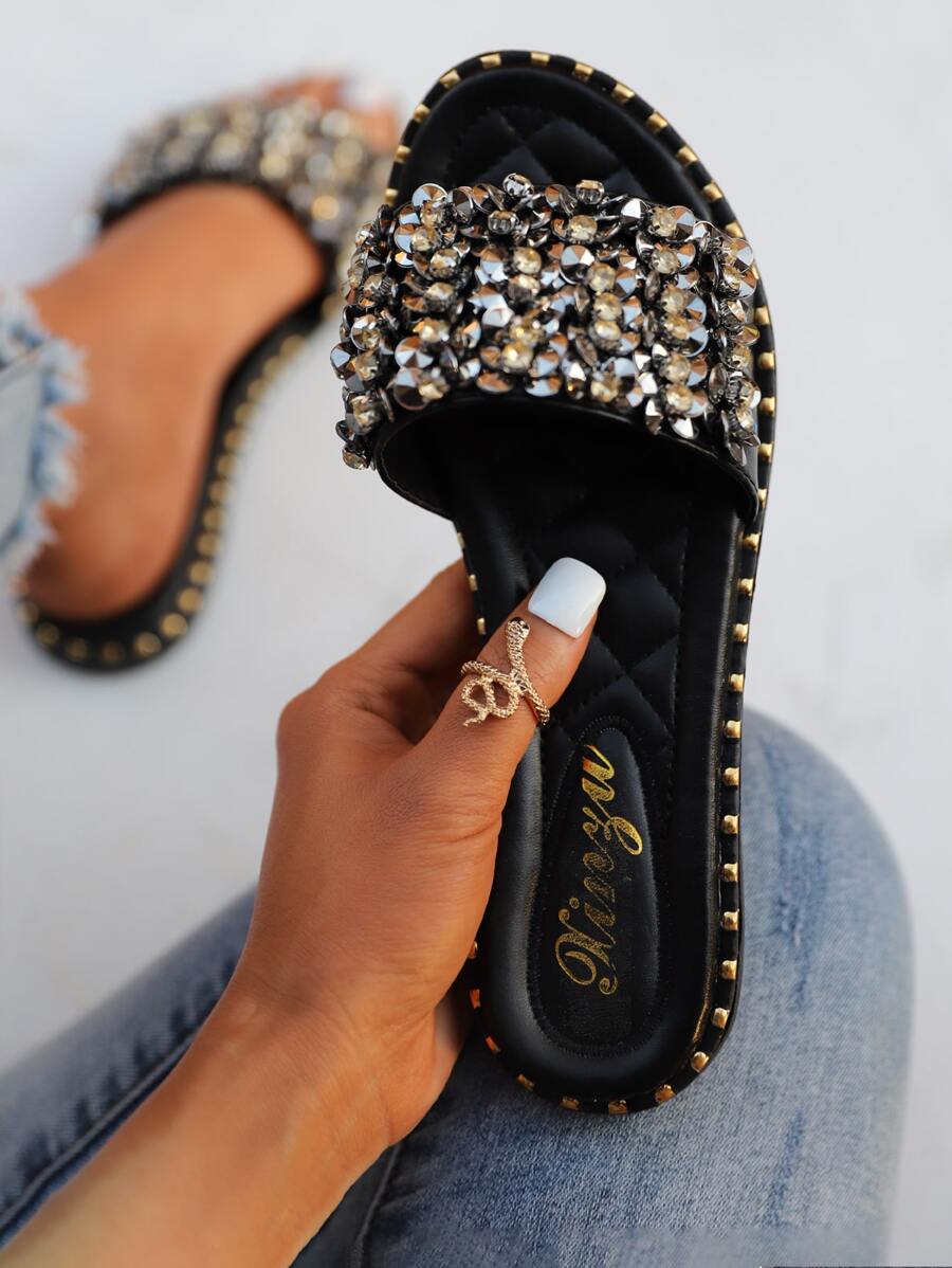 女士水鑽裝飾涼拖,時尚露趾平底涼鞋 - 黑色 - 查看 1