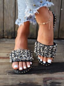 女士水鑽裝飾涼拖,時尚露趾平底涼鞋 - 黑色 - 查看 2