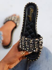 女士水鑽裝飾涼拖,時尚露趾平底涼鞋 - 黑色 - 查看 3