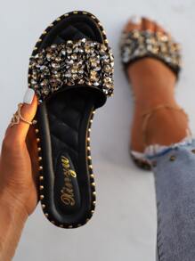 女士水鑽裝飾涼拖,時尚露趾平底涼鞋 - 黑色 - 查看 4