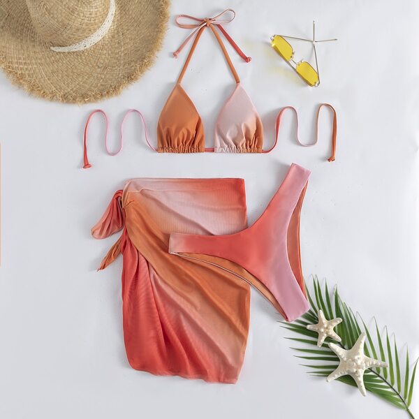 

3pack Ombre Triangle Bikini Swimsuit & Beach Skirt, Multicolor