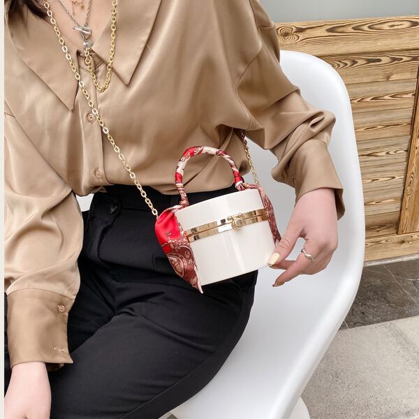 

Mini Scarf Decor Chain Bucket Bag, Beige