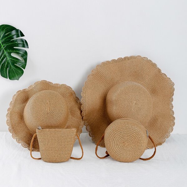 

2Pcs Girls Minimalist Straw Crossbody Bag With Hat, Brown