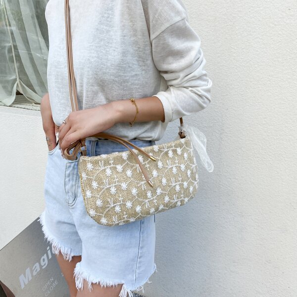 

Lace Decor Floral Graphic Crossbody Bag, Khaki