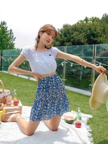 DAZY تنورة بحافة مكشكشة مزهر شامل