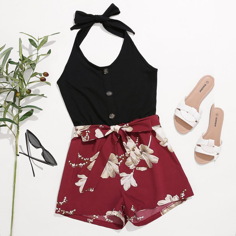 

Floral Print Button Front Belted Romper, Multicolor
