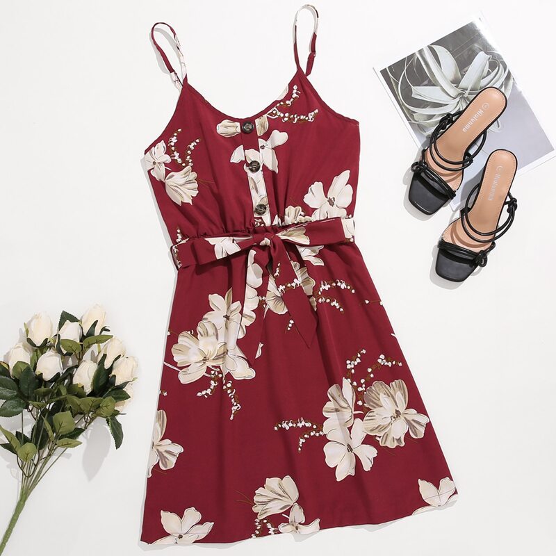 

Floral Print Button Front Belted Dress, Burgundy