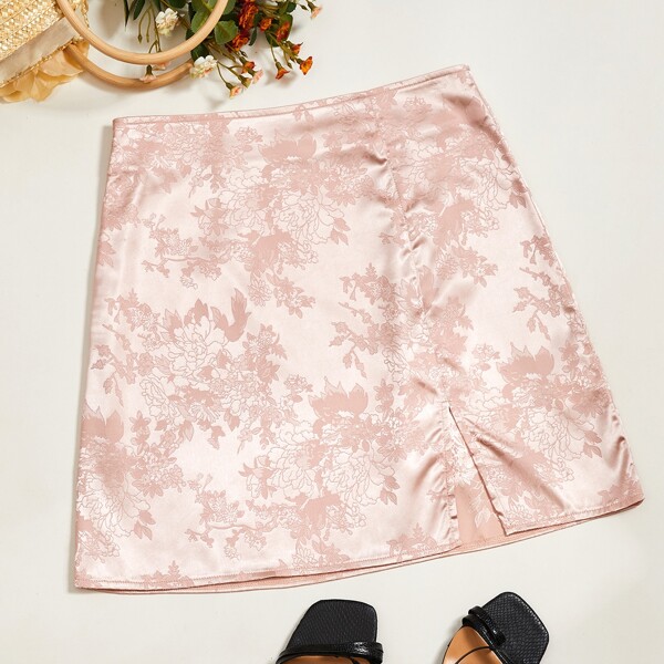 

Slit Hem Jacquard Satin Skirt, Baby pink