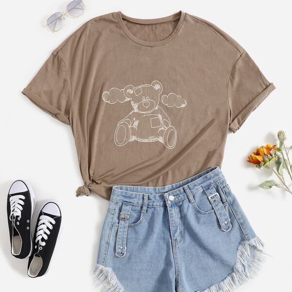 

Plus Cartoon Bear Print T-shirt, Mocha brown