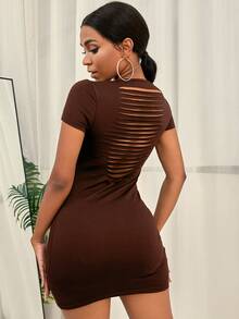 Lattice Ripped Bodycon Dress - Chocolate Brown - View 3