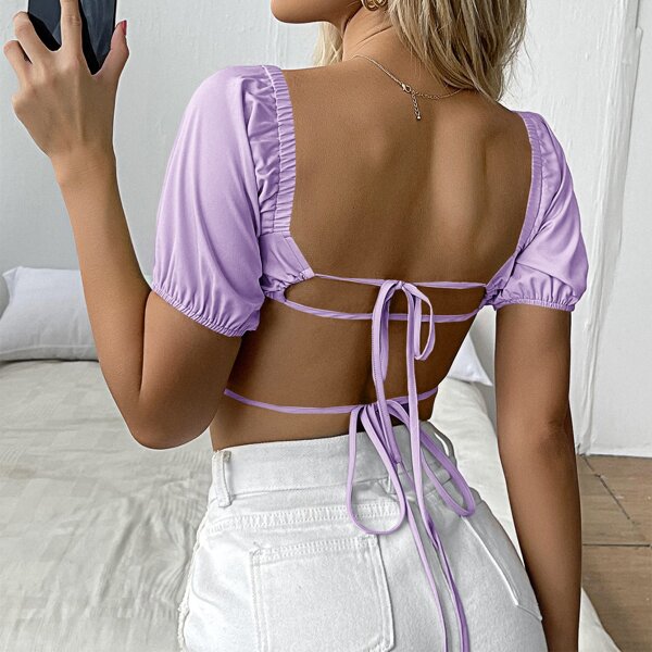 

Puff Sleeve Tied Backless Crop Top, Mauve purple
