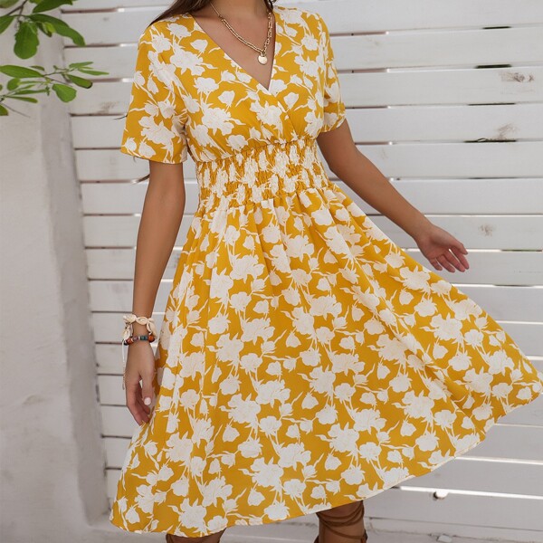 

Allover Floral Print Shirred Waist Dress, Yellow