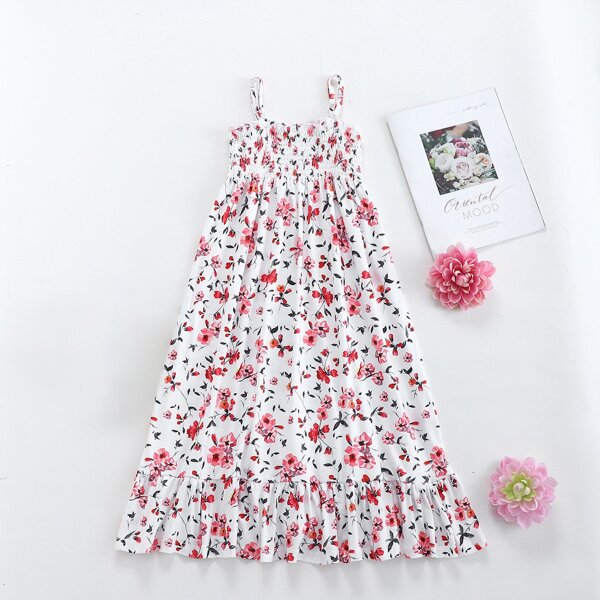 

Girls Floral Shirred Ruffle Hem Cami Dress, Multicolor