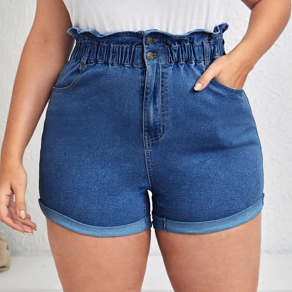 

Plus Paperbag Waist Cuffed Hem Denim Shorts, Medium wash