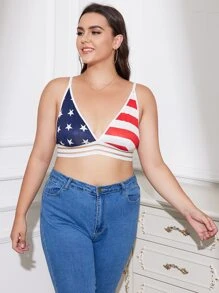 Plus American Flag Print Mesh Trim Bralet - Multicolor - View 3