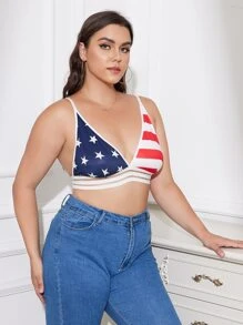 Plus American Flag Print Mesh Trim Bralet - Multicolor - View 4