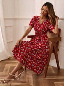 SHEIN LUNE 滿版花卉印花荷葉袖束腰連衣裙 - 彩色 - 查看 1