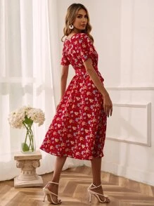 SHEIN LUNE 滿版花卉印花荷葉袖束腰連衣裙 - 彩色 - 查看 2