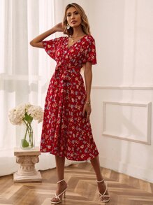 SHEIN LUNE 滿版花卉印花荷葉袖束腰連衣裙 - 彩色 - 查看 3
