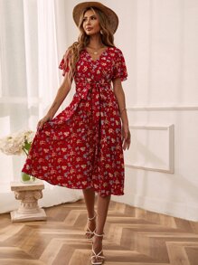 SHEIN LUNE 滿版花卉印花荷葉袖束腰連衣裙 - 彩色 - 查看 4