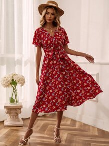 SHEIN LUNE 滿版花卉印花荷葉袖束腰連衣裙 - 彩色 - 查看 5