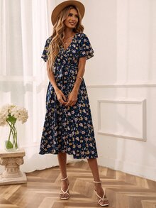 SHEIN LUNE 滿版花卉印花荷葉袖束腰連衣裙 - 彩色 - 查看 6