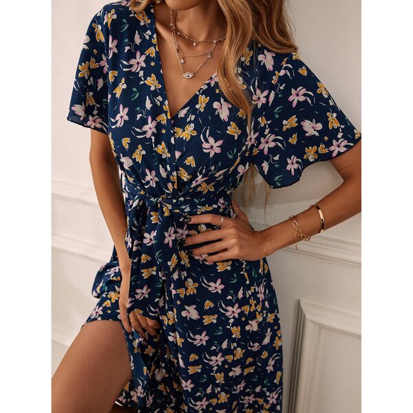 

Allover Floral Print Flounce Sleeve Belted Dress, Multicolor