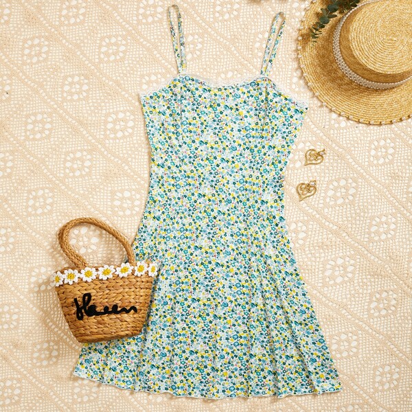 

Lace Trim Ditsy Floral Print Cami Dress, Green