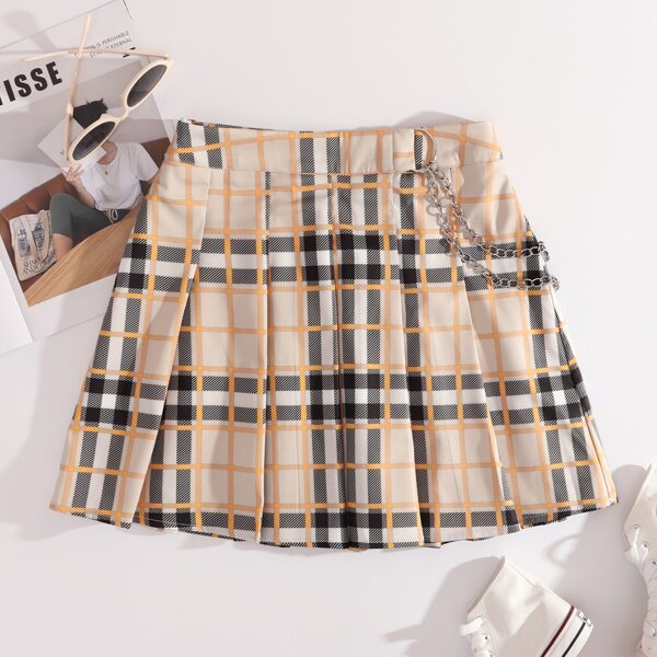

Plaid Print Chain Detail Pleated Skirt, Apricot