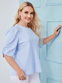 Áo sơ mi Plus Size màu trơn Giải trí - Màu xanh nhạt - Xem 4