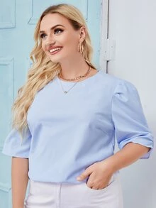 Áo sơ mi Plus Size màu trơn Giải trí - Màu xanh nhạt - Xem 5