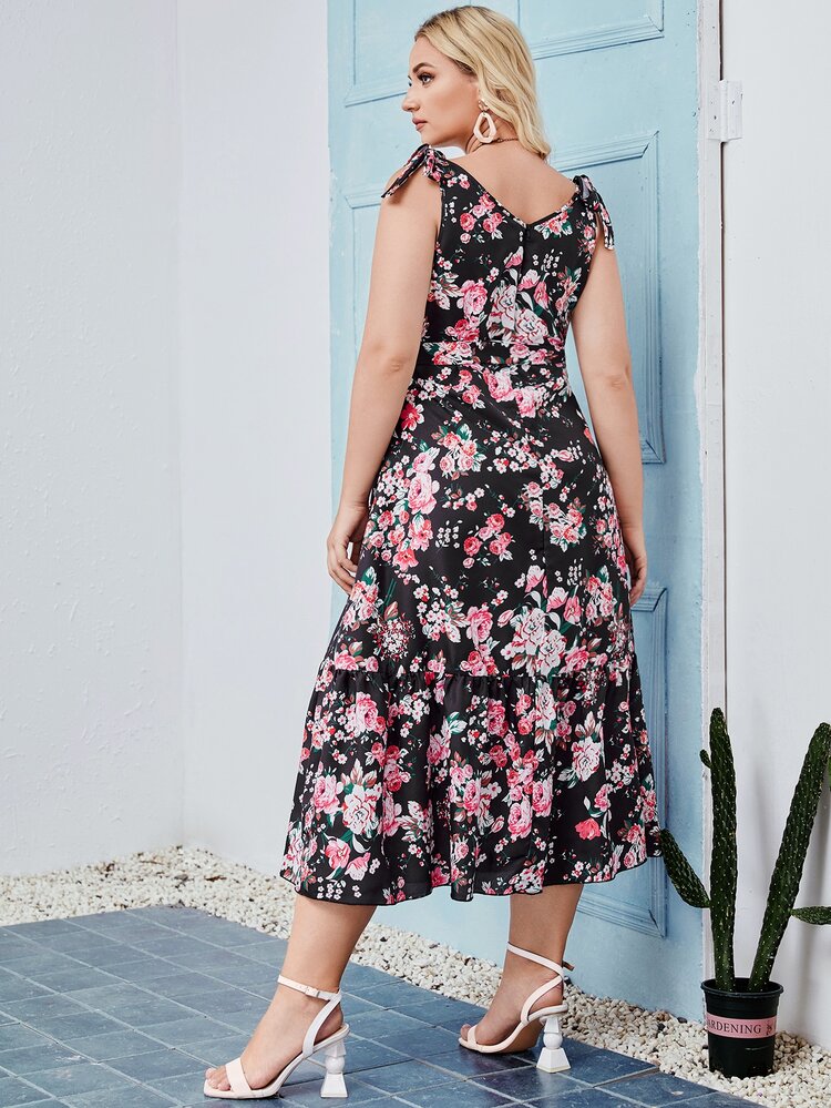 Plus Floral Tie Strap Belted Dress - Multicolor - View 2