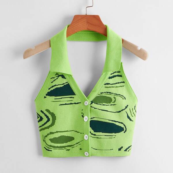 

Graphic Pattern Button Through Backless Knit Top, Multicolor